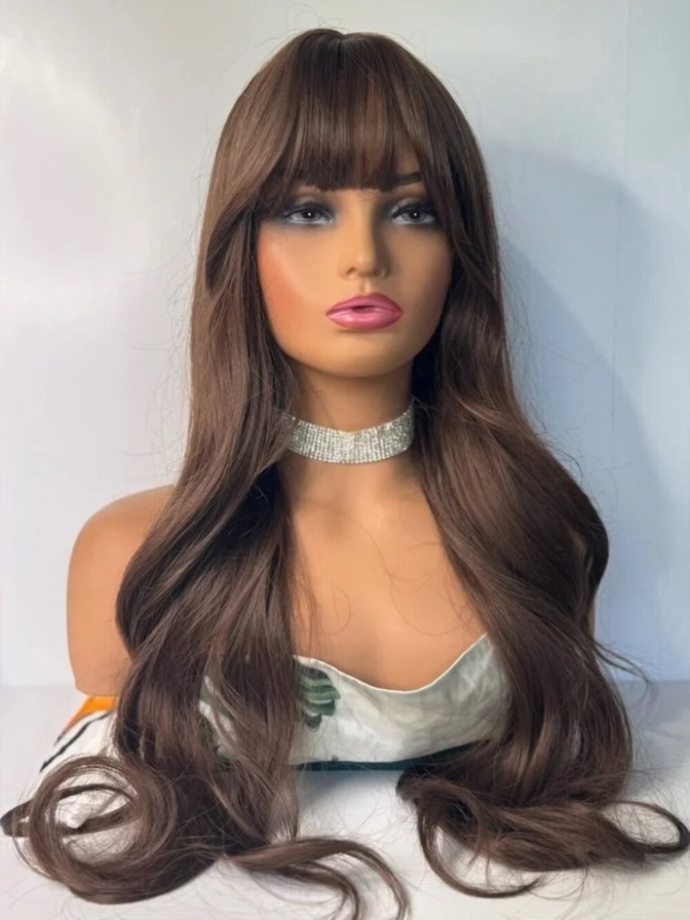Chestnut Brown Wig with Bangs for Women – Long Wavy Heat Resistant Wig